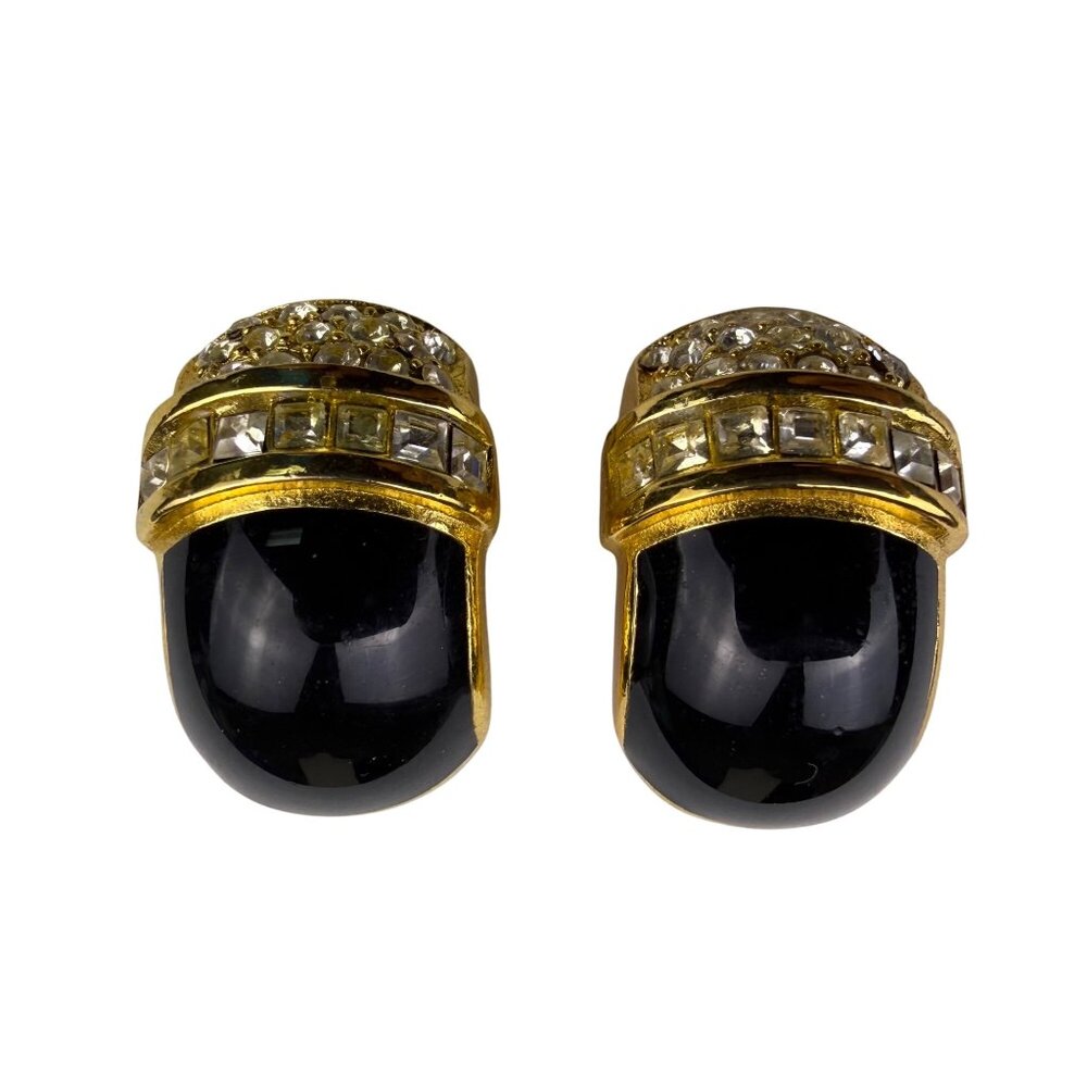 Vintage Christian  Gold Tone & Black Clip-On Earrings Rhinestone Accents